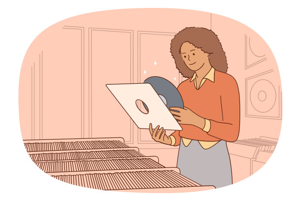 快乐的黑人妇女在商店里买留声机唱片图片下载