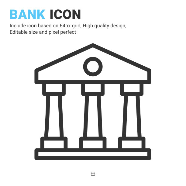 银行图标矢量与轮廓风格孤立在白色背景。矢量插图银行标志符号图标概念的业务，金融，行业，公司，应用程序和所有项目图片下载