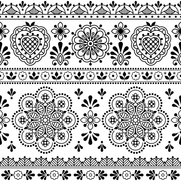 斯堪的纳维亚民间艺术黑白矢量无缝织物或织物印刷，可爱的重复设计与花卉的灵感来自蕾丝和刺绣背景图片下载