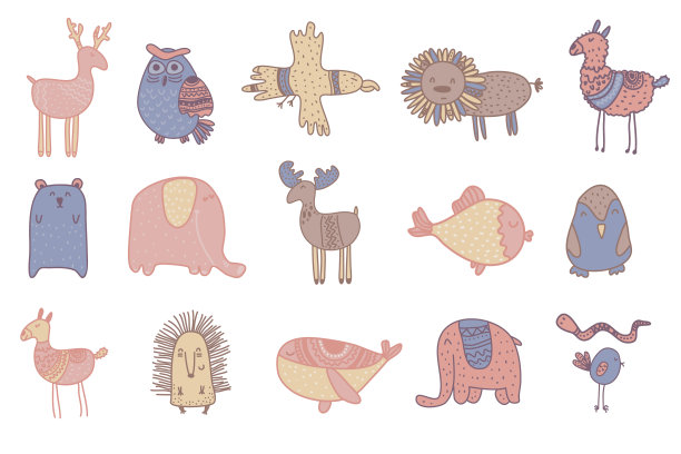 有趣的斯堪的纳维亚彩色印花动物。在育儿海报、卡片、t恤上涂鸦卡通动物。矢量大象，猫头鹰，鹰，狮子，熊，鲸鱼，刺猬，鱼。图片下载