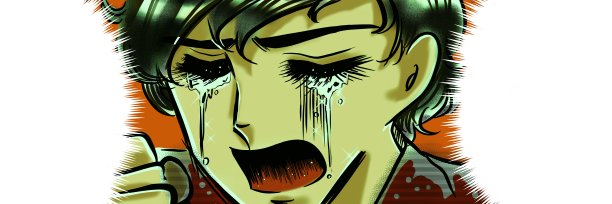 插图的一个美丽的男孩黑发和自然烫发谁是心碎和哭了很多，在一个70年代的少女漫画的风格。图片下载