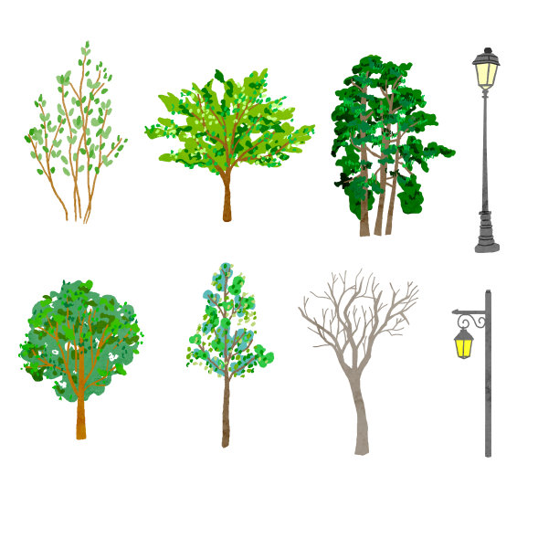 水彩矢量插图街道树路灯图片下载