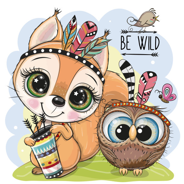 卡通部落松鼠和带羽毛的猫头鹰图片下载