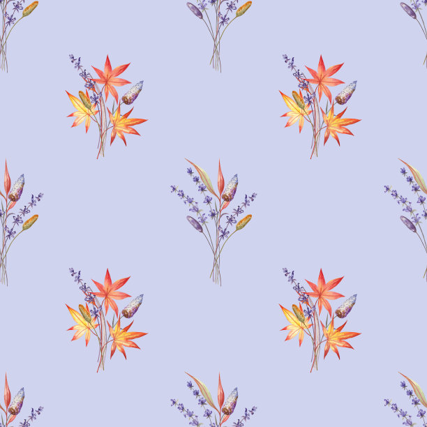 无缝的模式与秋天香草和叶子薰衣草背景图片下载