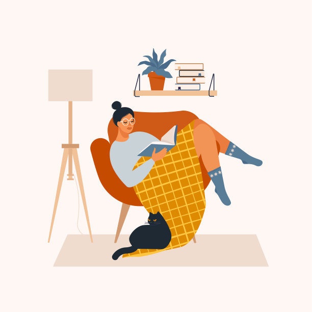 年轻女子坐在舒适的扶手椅上看书。花时间在家里，放松，休息，爱好。矢量插图孤立在白色背景上。图片下载