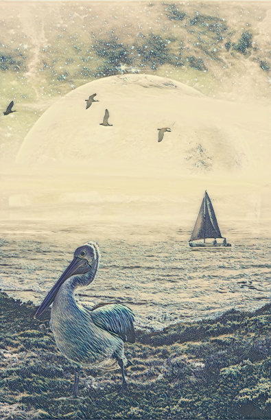 小说封面设计模板。帆船在海上，鹈鹕在岸上，外星星球在地平线上图片下载