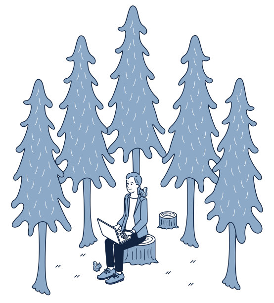 一边工作一边享受树木环绕的自然风光的男性图片下载