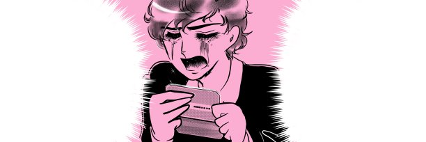 插图的一个美丽的男孩与黑色的头发和自然烫发谁是心碎的，哭着检查他的存款余额由一个70年代的少女漫画风格。图片下载