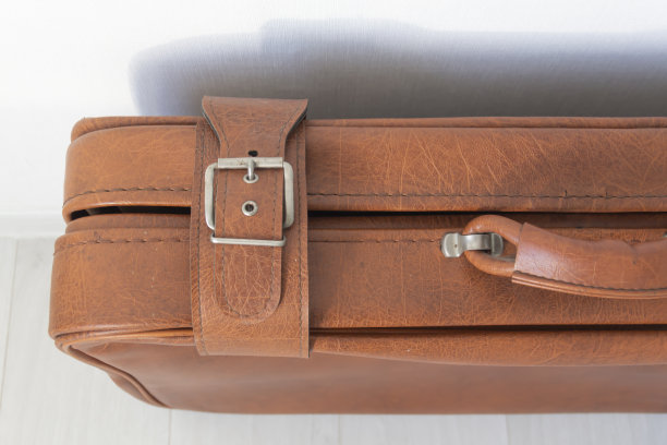 白色墙壁旁的棕色复古手提箱上有个古董钩子。图片下载