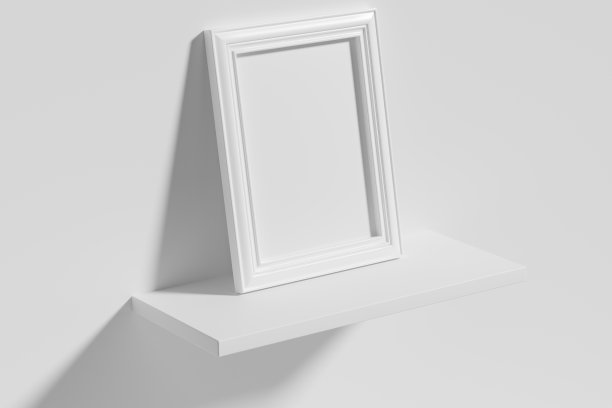 矩形相框在白色架子倾斜在墙顶对角视图图片下载