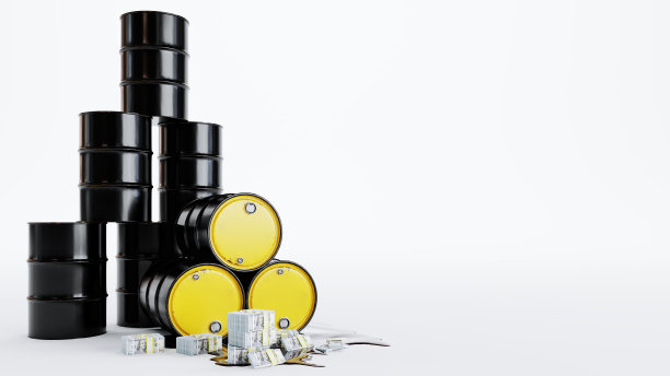 3d渲染桶的石油，黑色的石油桶与包美元。图片下载