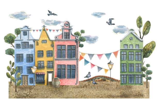 可爱的老房子组成的水彩插图。图片下载