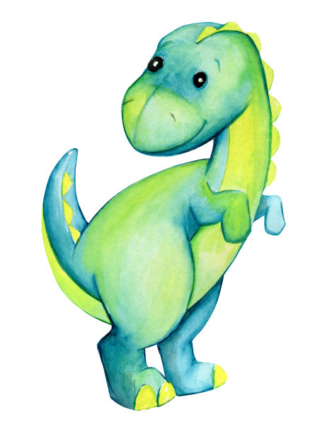 可爱的恐龙，绿松石色，站着。卡通风格的史前虚构水彩画动物。图片下载
