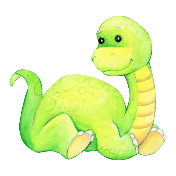 可爱，虚构，动物，画，水彩画。一只绿色的恐龙正坐着。水彩，剪纸，在一个孤立的背景。图片下载