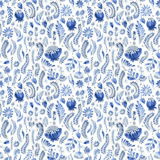 乌克兰民间绘画风格Petrykivka的蓝色水彩花卉无缝图案。梦幻花，叶，草本孤立在白色背景上图片下载