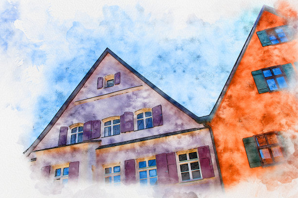 水彩画美丽的城市和风景在德国。图片下载