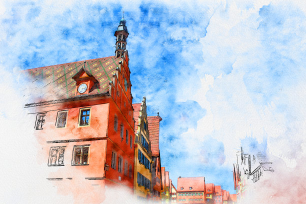 水彩画美丽的城市和风景在德国。图片下载