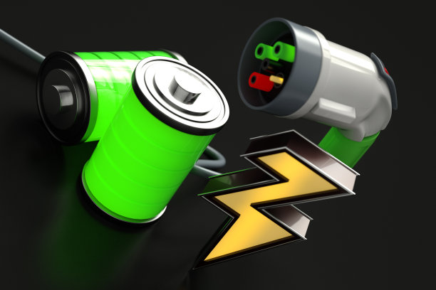 电动汽车充电插头与充满电的电池图片下载