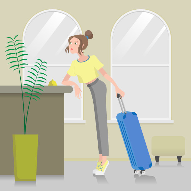 一个年轻的女孩已经到达酒店，正在前台等候工作人员。图片下载