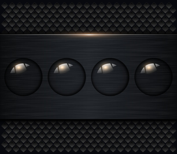 黑色背景与发光的蓝色按钮，黑色拉丝金属横幅上穿孔洞模式图片下载