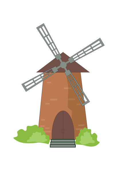 老式的石头风车，棕色的白色背景，矢量图片下载