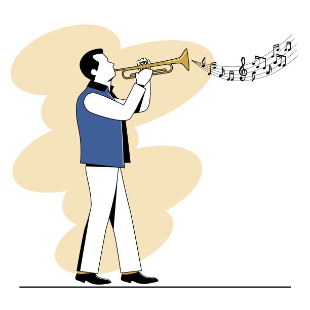 男人吹小号手绘制矢量插图在白色背景图片下载