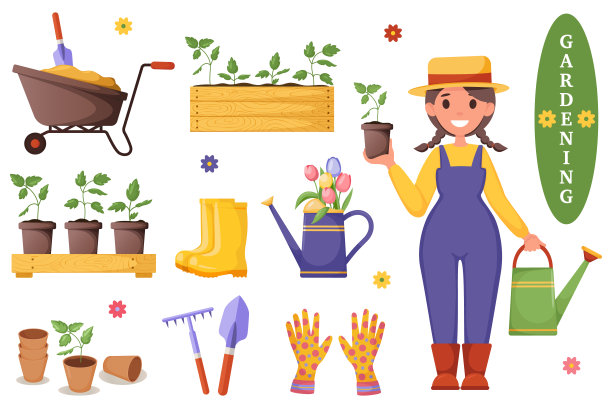 快乐的农民与集园工作工具图片下载