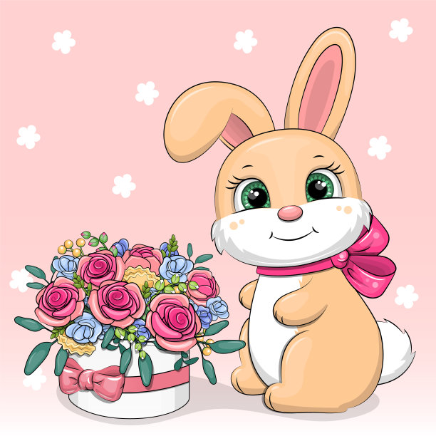 可爱的卡通兔子带着粉红色的蝴蝶结和一束玫瑰。图片下载
