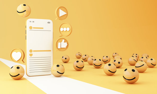 智能手机屏幕上有笑脸表情符号图标、泡泡球形状和框架信息。社交网络移动设备概念。图形网站，网页横幅黄色背景3d渲染插图图片下载