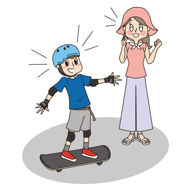一个有保护人的男孩在练习滑板，还有一个欢呼的妈妈图片下载
