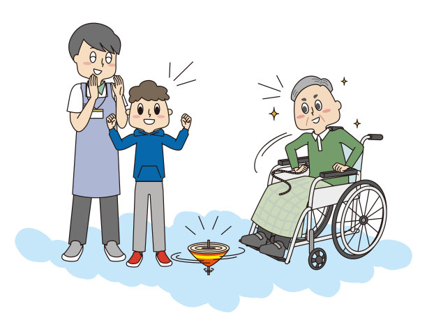一个老人坐在轮椅上和一个孩子和一个旋转陀螺玩耍图片下载