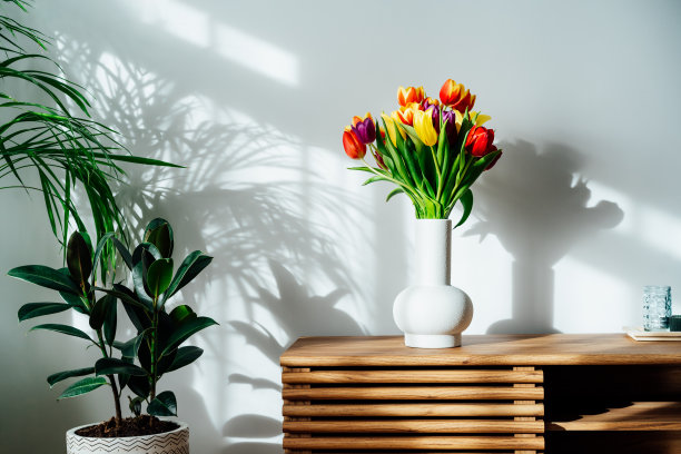 斯堪的纳维亚风格的家居室内，木制的橱柜上摆放着春天五颜六色的郁金香花束。简约的设计，绿色植物和白色墙壁。专辑的风格。春天。图片下载