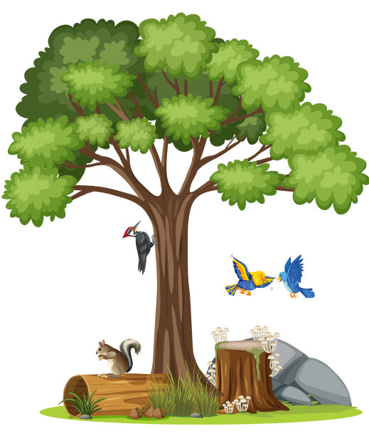 鸟儿在树旁飞翔的场景图片下载