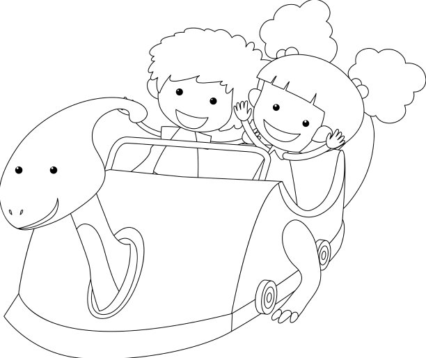 孩子们坐在黑白恐龙赛车里图片下载