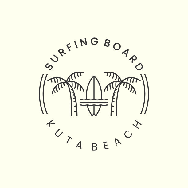 冲浪板与徽章和线艺术风格的标志图标模板设计。库塔海滩，棕榈树，云，海，矢量插图图片下载