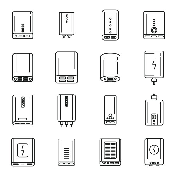 电源银行充电器图标设置轮廓向量。选择电池图片下载