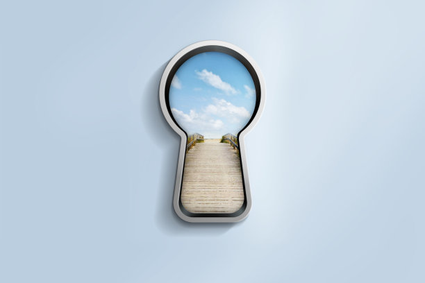 浅蓝色墙壁，银色钥匙孔窗户，通往自由的视野。路径，通路，生命观念。三维演示图片下载