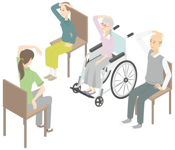 高级男性和女性与设施工作人员坐和伸展的等距空间图片下载