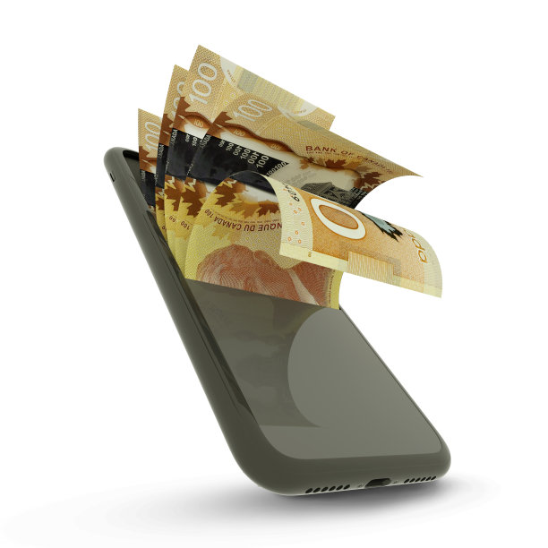 移动电话内的加元纸币的3D渲染。从手机流出的钱图片下载