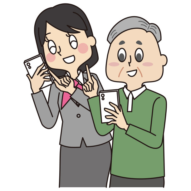 一个学习如何操作智能手机的老人和一个穿着制服的流动商店职员图片下载