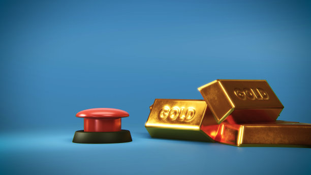 3d插图的卡通红色按钮和金色的条。图片下载