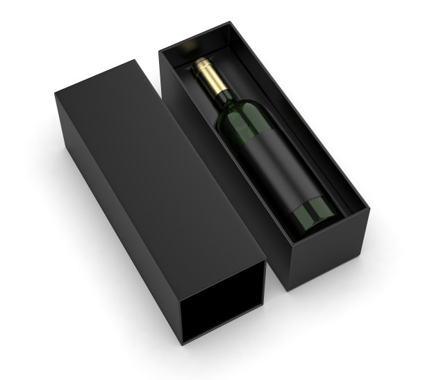 带空白标签和吊牌的酒瓶，用纸盒包装进行商标和模拟。图片下载