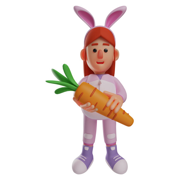 甜美的3D兔女郎卡通人物拿着胡萝卜图片下载