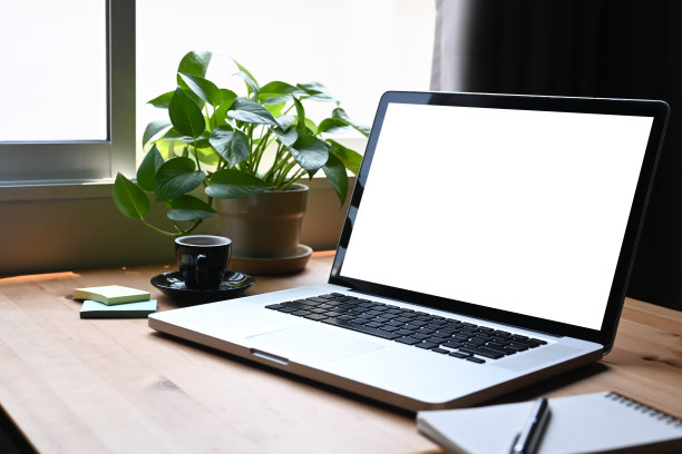 木制桌子上的笔记本电脑，咖啡杯，笔记本和室内植物模型。空白屏幕用于图形显示蒙太奇。图片下载