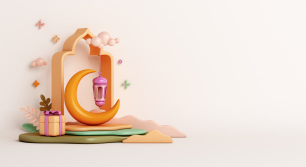 伊斯兰装饰背景与新月，灯笼，礼盒，叶卡通风格，斋月kareem, mawlid，开斋饭，isra miraj，开斋节，穆哈兰，拷贝空间，3D插图。图片下载