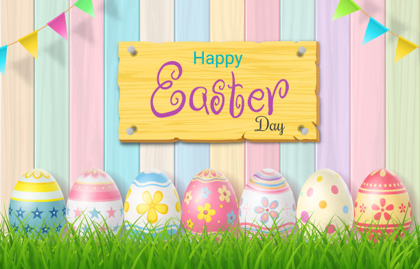 复活节快乐彩蛋在草地和美丽的木材背景与复制空间图片下载