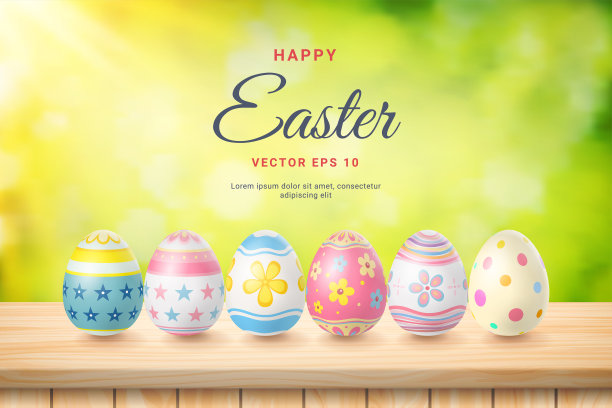 复活节快乐彩色彩蛋在木地板和美丽的自然绿叶抽象模糊散景光背景图片下载