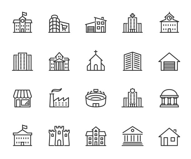 向量集的建设线图标。包含图标商场，房子，银行，教堂，工厂，体育场，大厦，城堡和更多。像素完美。图片下载