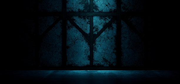 黑暗的舞台平台聚光灯在粗糙的Grunge木谷仓石头混凝土水泥光滑的地板黑暗的机库隧道走廊3D渲染蓝光图片下载