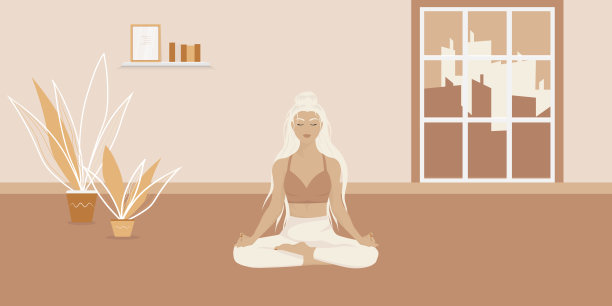 一名年轻女子盘腿坐在地板上，闭着眼睛冥想。女孩早上做瑜伽，在家放松或呼吸练习。积极的身体保健理念。向量图片下载